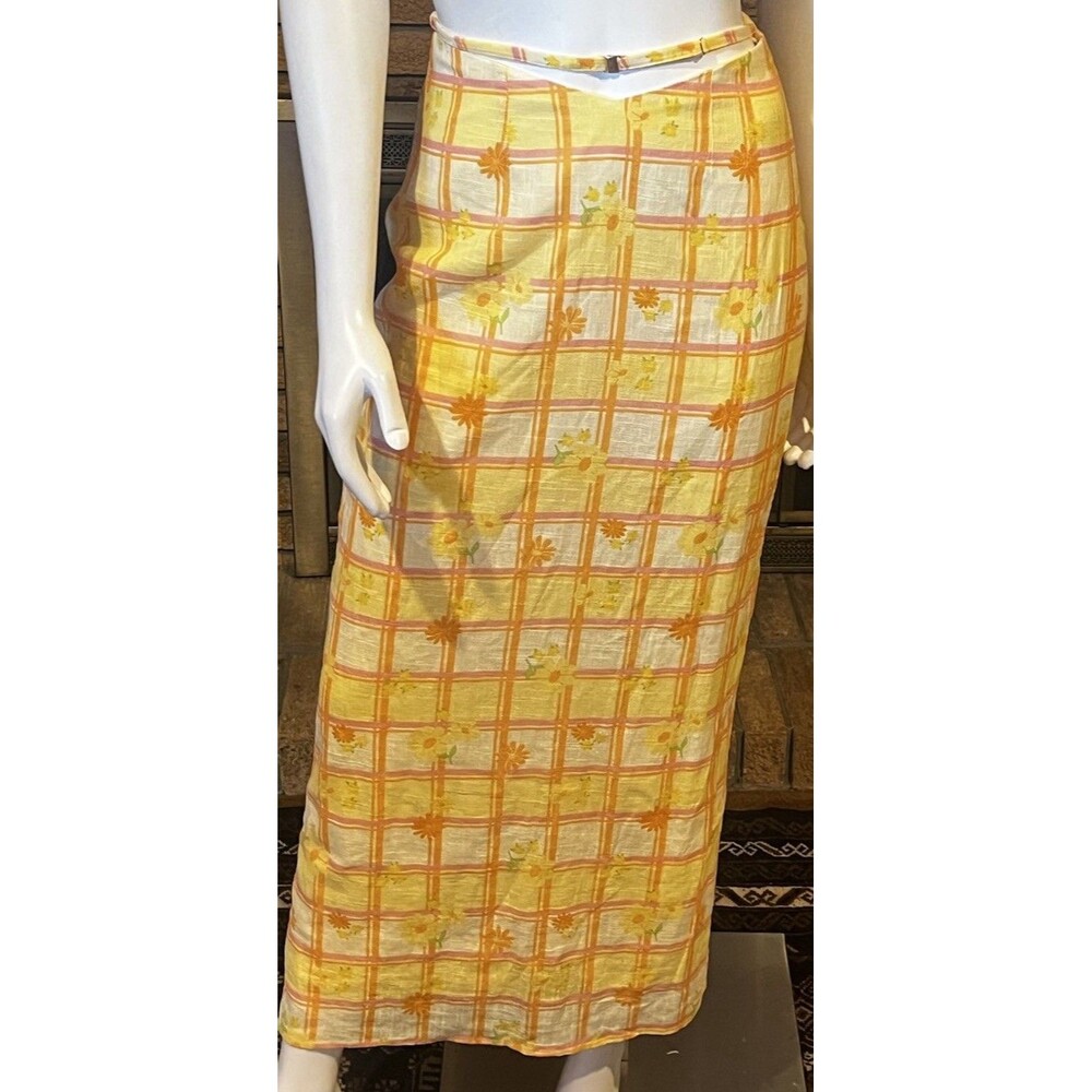 Sabo Yellow Floral Plaid Cotton Maxi Dress Size Small
